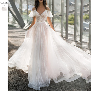 2025春新款大码结婚纱礼服修身显瘦双肩齐地胖子蕾丝花朵一字肩女