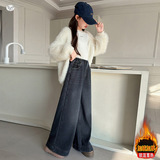 女童加绒牛仔裤2025年秋冬新款中大童复古港风阔腿裤韩系直筒长裤，童装裤子，祺儿童装