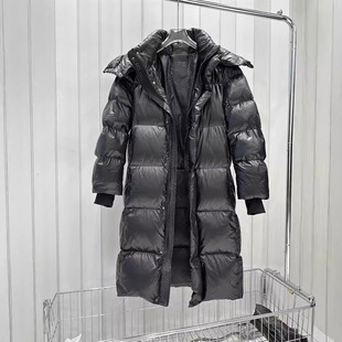 黑钻黑珍珠长款羽绒服女同款2024新款加厚过膝鹅绒可脱卸帽情侣