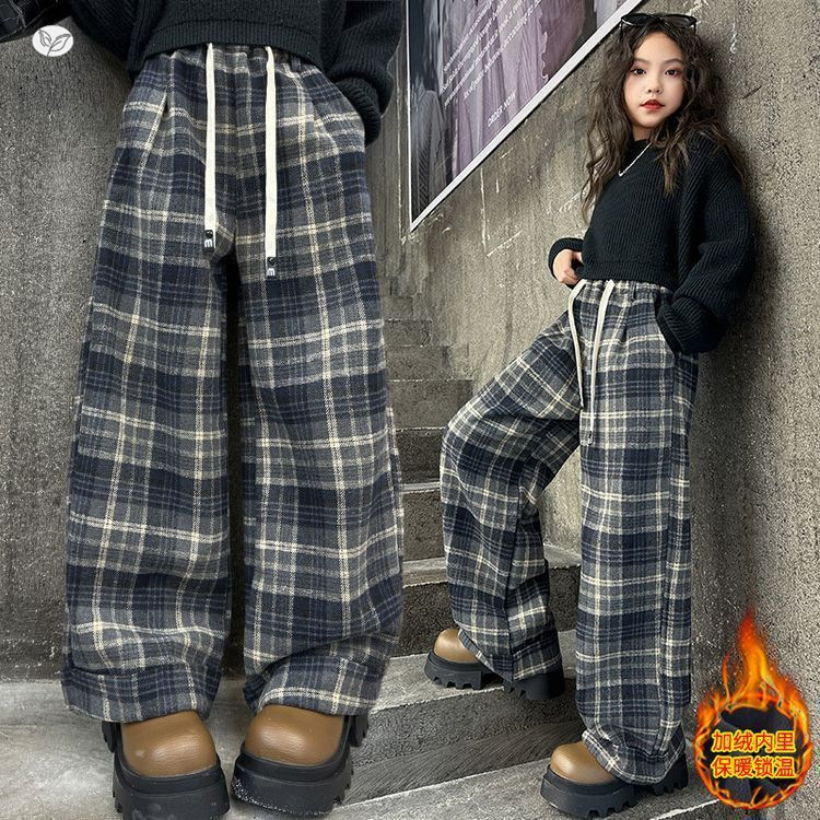 女童格子裤加绒加厚2025秋冬新款中大童休闲阔腿裤直筒裤外出长裤，童装裤子，祺儿童装