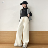 女童2025年冬季新款糯米绒贴标卫裤女大童柔软贴肤阔腿裤加绒保暖，童装裤子，祺儿童装