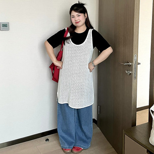 胖mm宽松针织连衣裙 镂空外搭背心裙2026春新款 乃粒23871大码 女装