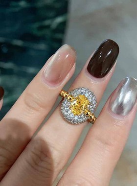S925镀金碳钻5*7发财黄钻冰花轻奢气质仿真富婆冰糖戒指