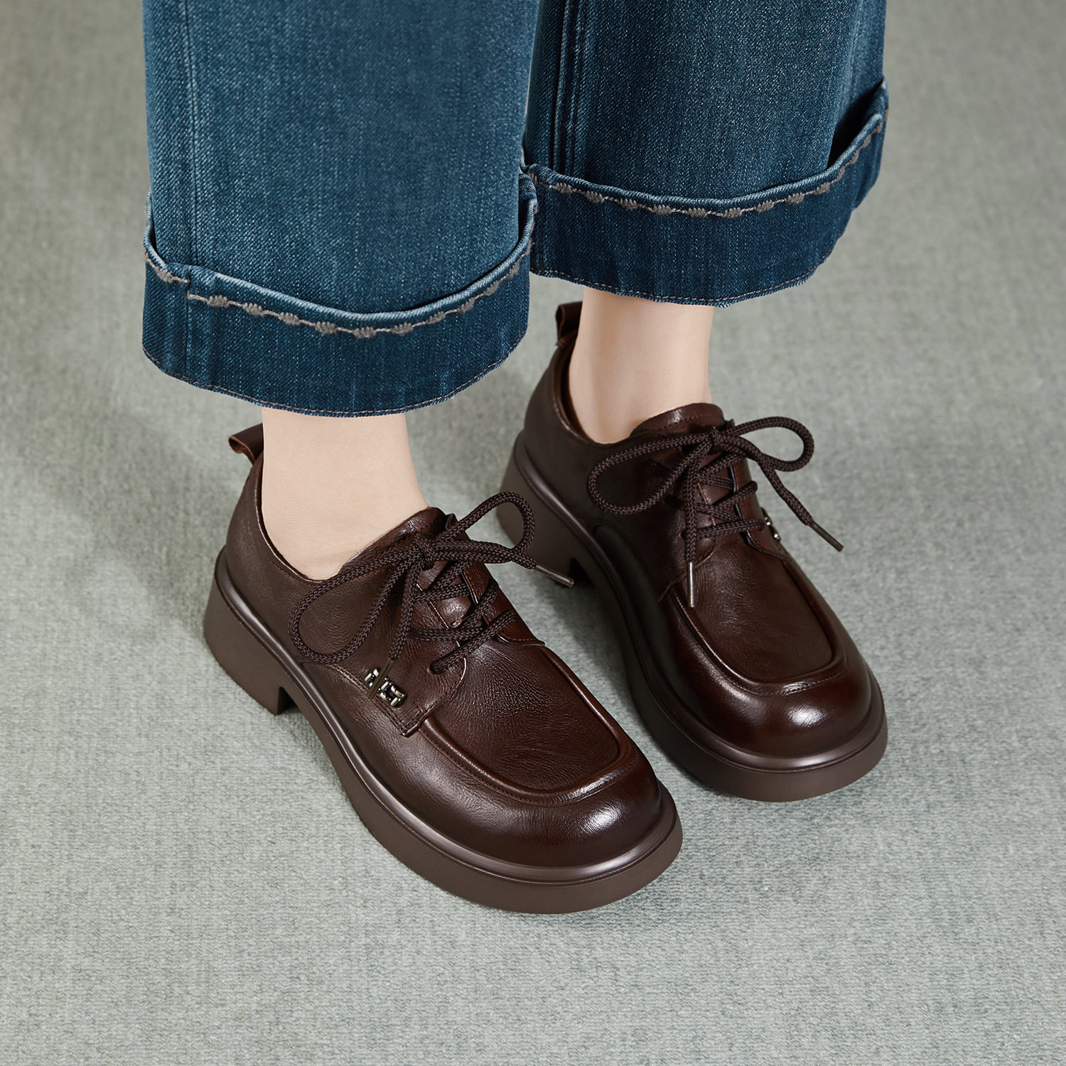 系带乐福鞋子女2026春季新款爆款单鞋真牛皮百搭配裙子的小皮鞋