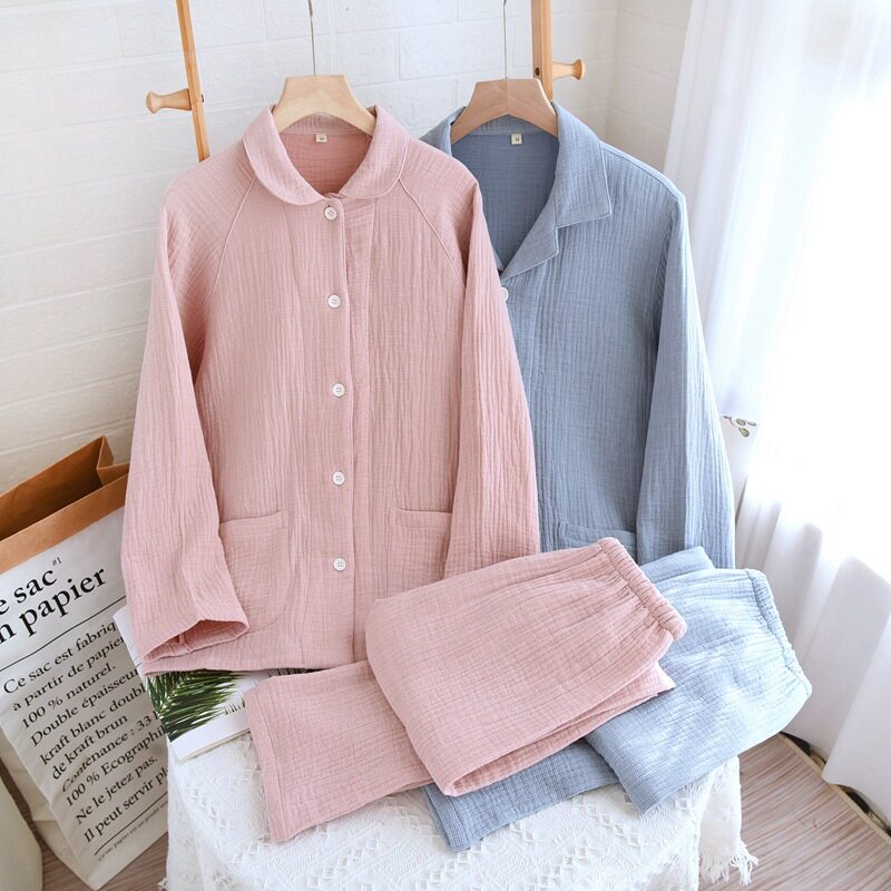 睡衣女纯棉四层纱布情侣款春秋冬季情侣家居服士休闲加大码套装
