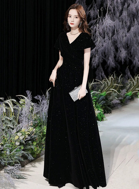 黑色丝绒晚礼服裙女2025新款级感轻奢小众端艺考年会主持人