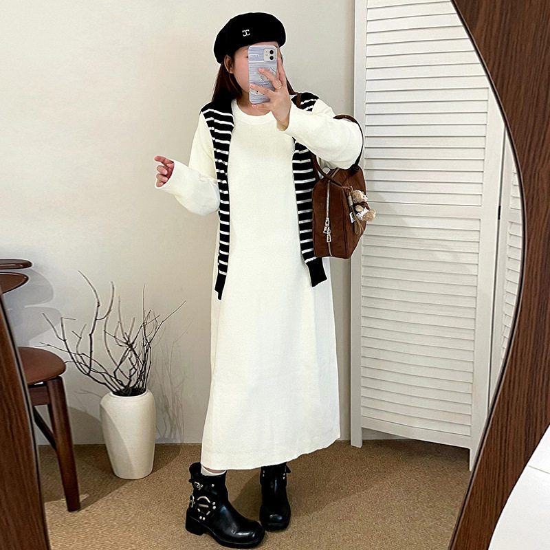 新款22520大码插肩袖毛衣裙女直筒针织裙2025冬款胖mm百搭连衣裙