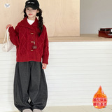 女童2025春秋新款学院风大翻领毛衣外套女大童牛角扣针织毛衣开衫，童装毛衣，祺儿童装