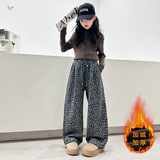 女童豹纹裤加绒2025年秋冬新款休闲弯刀裤中大童宽松冬装阔腿长裤，童装裤子，祺儿童装
