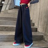 女童2025年冬季新款爱心刺绣净色奥粒一体绒牛仔阔腿裤女孩百搭潮，童装裤子，祺儿童装