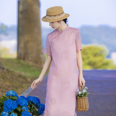 2024春夏季新款刺绣改良旗袍领盘扣纯色显瘦a字大码女装苎麻裙女