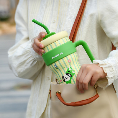 新款316不锈钢800ML保温杯巨无霸真空汽车杯便携手柄吸管杯卡通杯