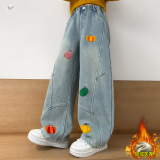 女童刺绣牛仔裤秋冬加绒2025年新款中大童拼接弯刀裤休闲阔腿长裤，童装裤子，祺儿童装