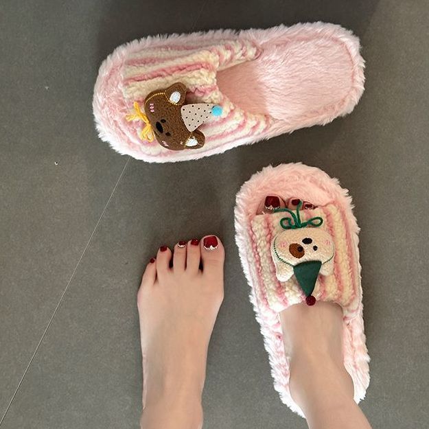 时尚百搭复古风可爱小熊毛毛拖鞋女士2025秋冬新款条纹毛绒棉拖鞋