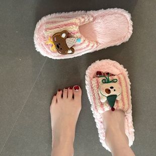时尚百搭复古风可爱小熊毛毛拖鞋女士2025秋冬新款条纹毛绒棉拖鞋