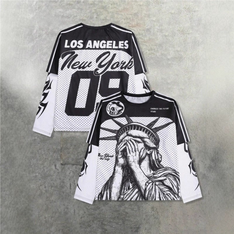 新款欧美时尚运动球衣T恤长袖美式网眼印花休闲圆领街头宽松上衣