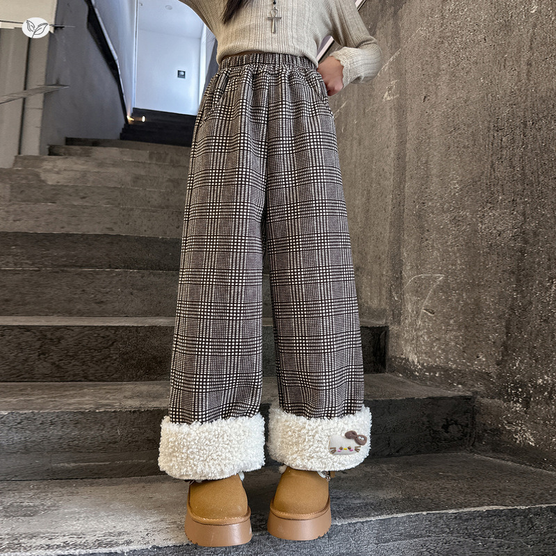 女童2025年冬季新款复古脚口大毛边格子裤女大童小香风加绒阔腿裤，童装裤子，祺儿童装