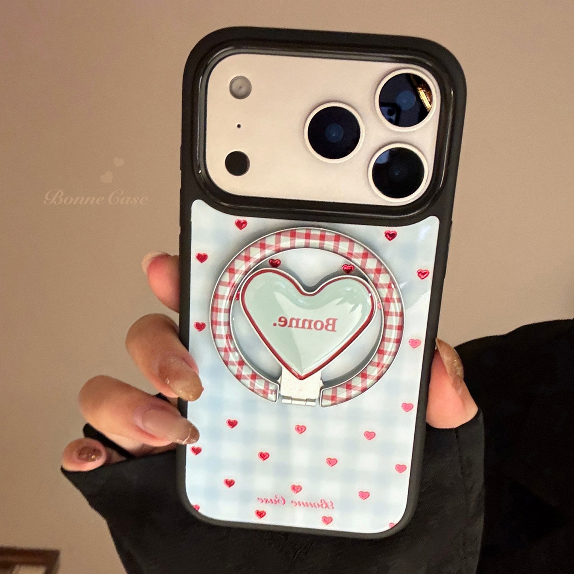 AceCase鎏金蓝格纹爱心iphone16苹果17promax适用15手机壳14撞色12磁吸支架13简约