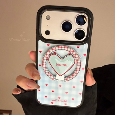 AceCase鎏金蓝格纹爱心iphone16苹果17promax适用15手机壳14撞色12磁吸支架13简约