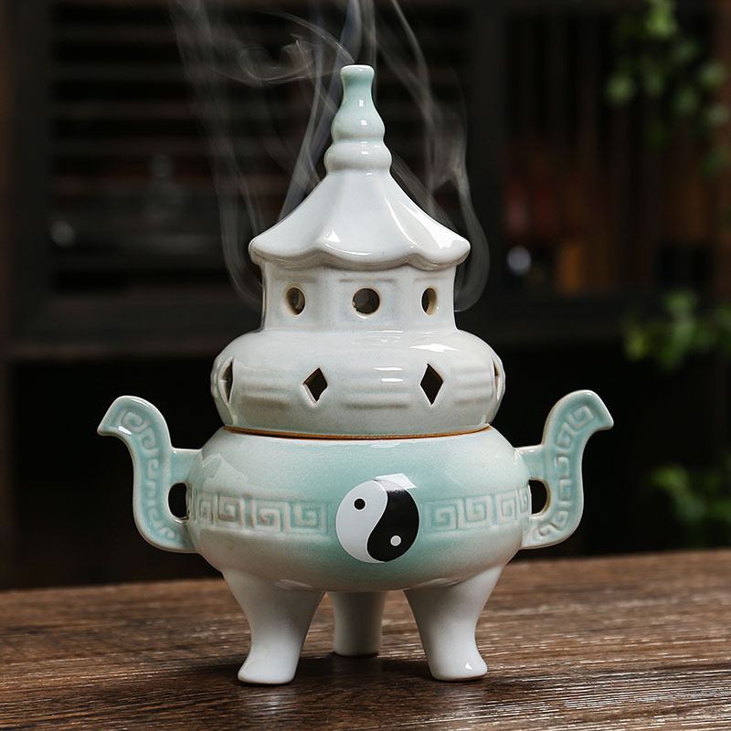 高脚太极八卦盘香炉陶瓷家居摆件
