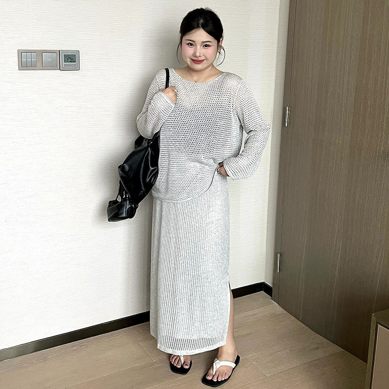 乃粒23932大码外搭镂空针织套装26夏款胖mm一字领上衣半裙两件套