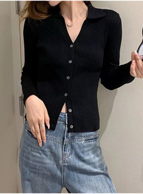 曾小咸 韩系灰色v领长袖内搭针织衫女早秋季修身打底衫polo领上衣