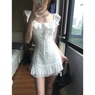 夏日绝美初恋小洋裙子白色连衣裙女短款小飞袖日系包臀短裙掐腰裙