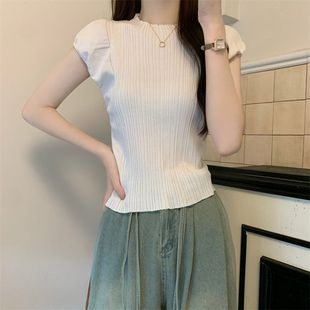 修身 设计感冰丝圆领正肩短袖 泡泡袖 针织T恤女夏季 百搭上衣ins 新款