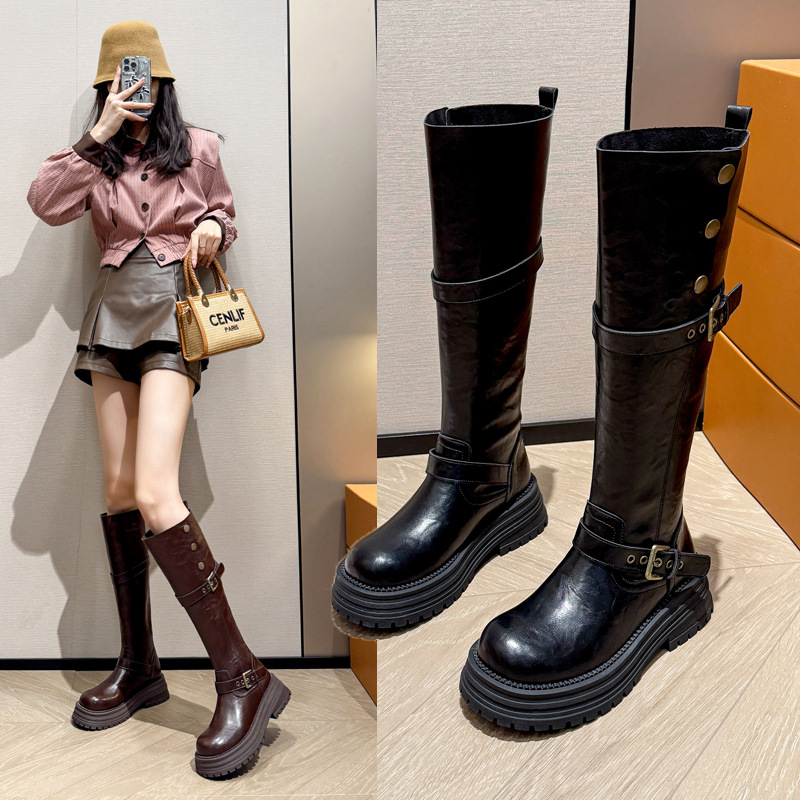 35-43大码粗腿大筒围美拉德高筒靴胖mm骑士靴骑士靴厚底长筒靴42
