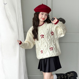 女童毛衣2025年秋冬新款新年花朵针织套头衫中大童甜美撞色打底衫，童装毛衣，祺儿童装