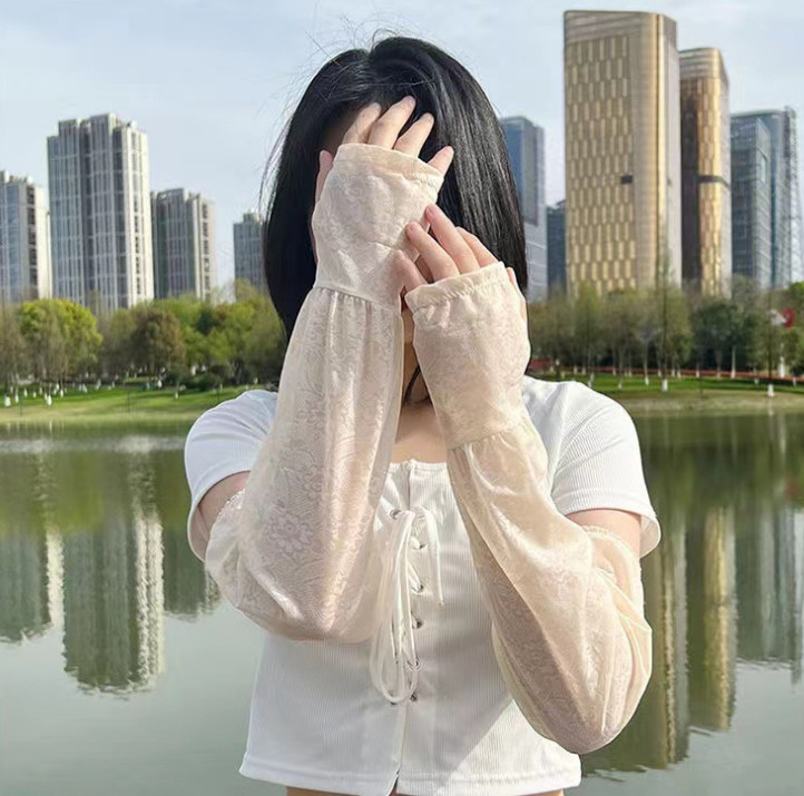 韩版蕾丝防晒手臂套女 夏季骑车护手臂冰丝袖套宽松大码长款手袖