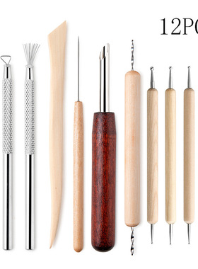 陶艺工具12件套装粘土雕刻刀 点钻笔扁丝刀细节七本针打孔器