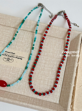 蓝色磷灰石红蓝串珠项链新中式小众设计手工复古国风叠戴锁骨链女