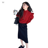 女童2025年秋冬新款韩版荷叶边圣诞红毛衣女孩可爱针织上衣半身裙，童装毛衣，祺儿童装