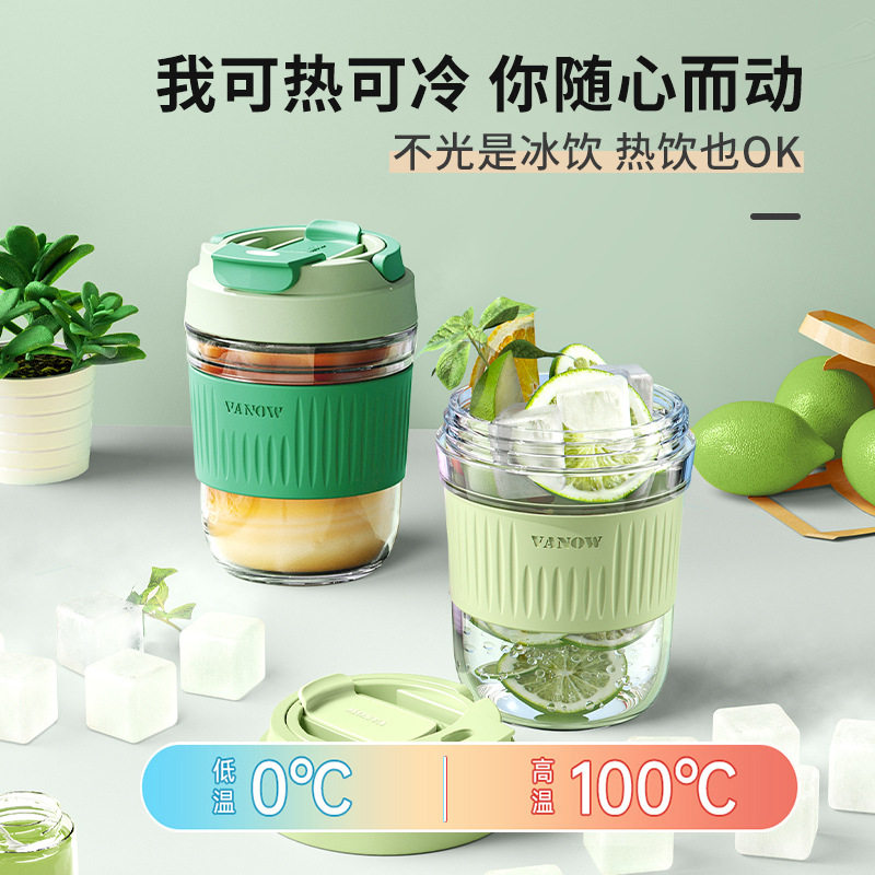 英国Vanow玻璃水杯女夏季带盖带吸管ins风便携可爱泡茶杯咖啡杯子图片