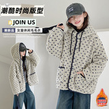 2025年冬款加厚女童时尚小香风斑点毛绒绒外套短款修身蓝花毛毛衣，童装外套，祺儿童装