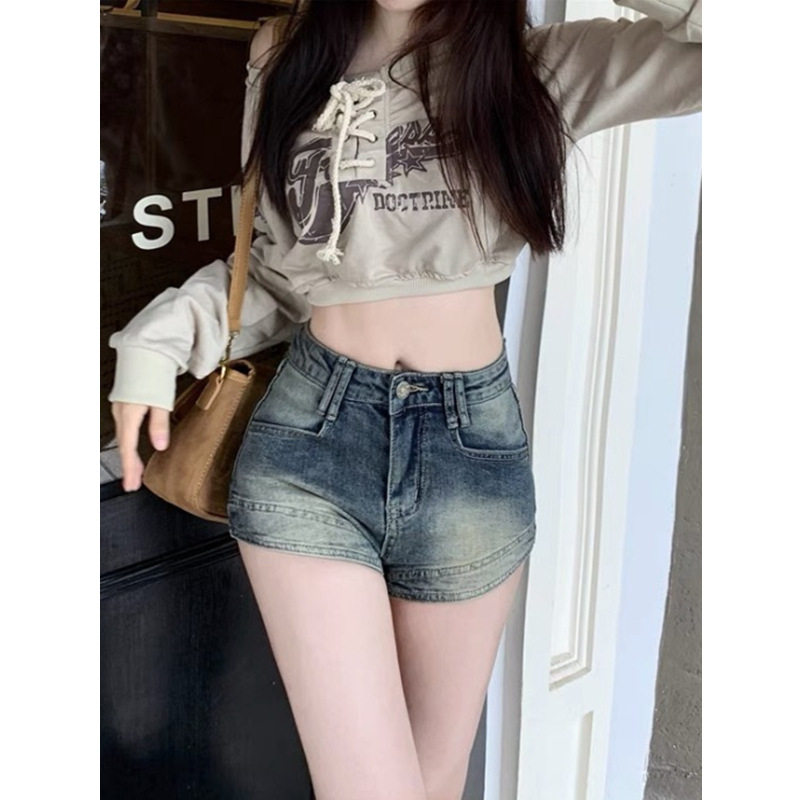 复古做旧水洗蓝色牛仔短裤女装夏季美式辣妹热裤腰紧身包臀裤子