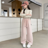 女童2025年冬季新款糯米绒贴标卫裤女大童柔软贴肤阔腿裤加绒保暖，童装裤子，祺儿童装