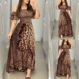 summer women party dresses ladies gown long dress豹纹连衣裙