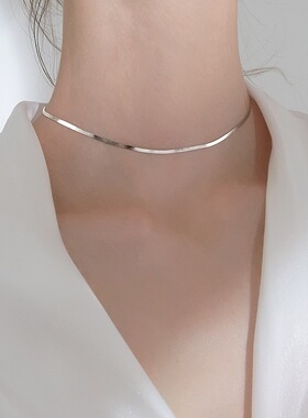 光面宽版925镀银项链女ins风锁骨链颈链choker配饰银饰