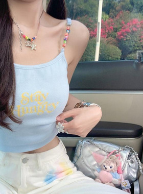 2025夏季新款美式甜辣串珠蓝色小吊带沙滩吊带小众