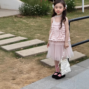 韩国童装夏季新款女童气质千金风蛋糕吊带上衣仙女网纱公主半身裙