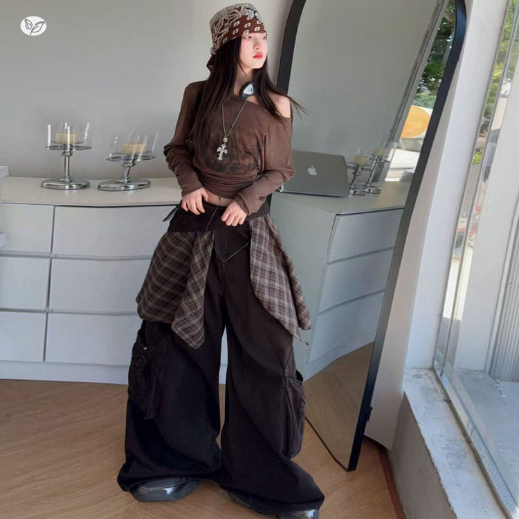 女童美式复古屁帘工装裤套装秋装2025新款中大童T恤阔腿拖地裤潮,童装休闲套装,祺儿童装