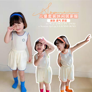 小童睡衣新款 夏无袖 休闲家居服套装 两件套女童薄款 背心T恤短裤