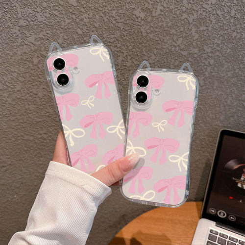 Cartoon pink bowknot Cat ears clear soft case适用iphone 11 12 13 14 15 16 plus 17 pro max