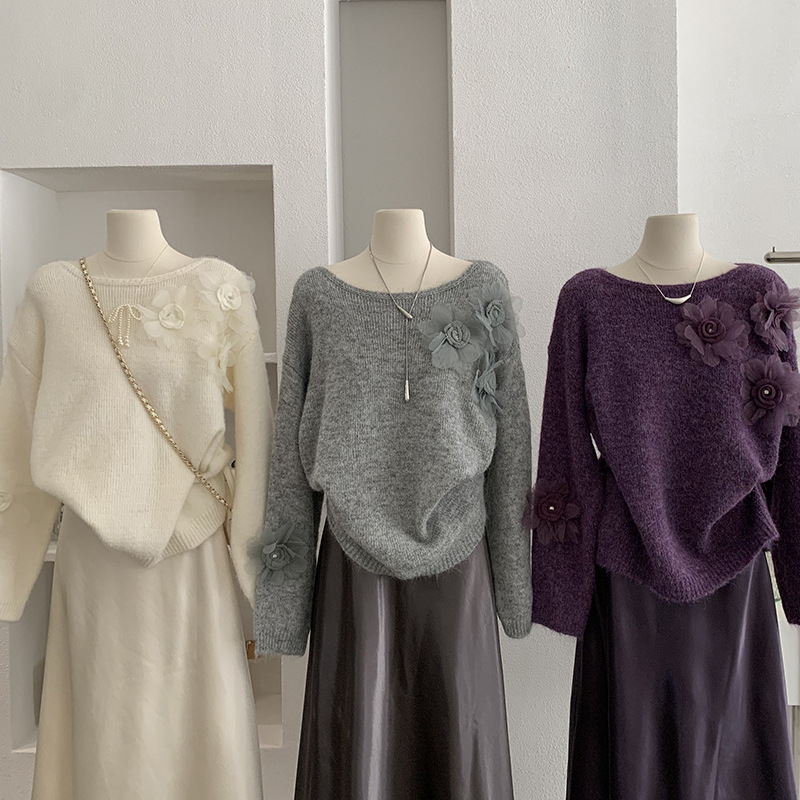 东大门欧货～圆领立体花朵针织衫女秋冬新款温柔软糯长袖套头毛衣
