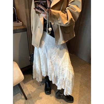 摩且 早春新款 温柔感不规则蕾丝提花腰显瘦A字半身裙 MQ1100