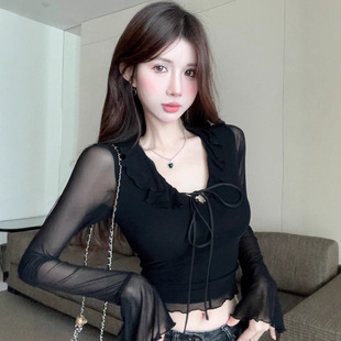 ins性感纯欲v领荷叶边绑带短款长袖T恤女春秋喇叭袖打底衫上衣女T