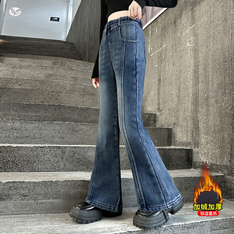 女童加绒拼接牛仔裤2025年秋冬新款修身微喇裤中大童拖地长裤百搭，童装裤子，祺儿童装