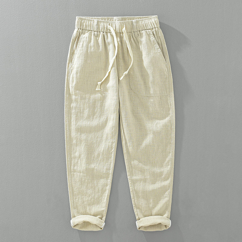 直筒亚麻裤子男夏季款宽松复古透气苎麻料休闲裤纯色棉麻布九分裤